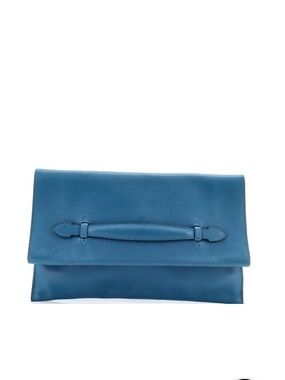 Hermes Blue Leather Fold-Over Clutch Handbag